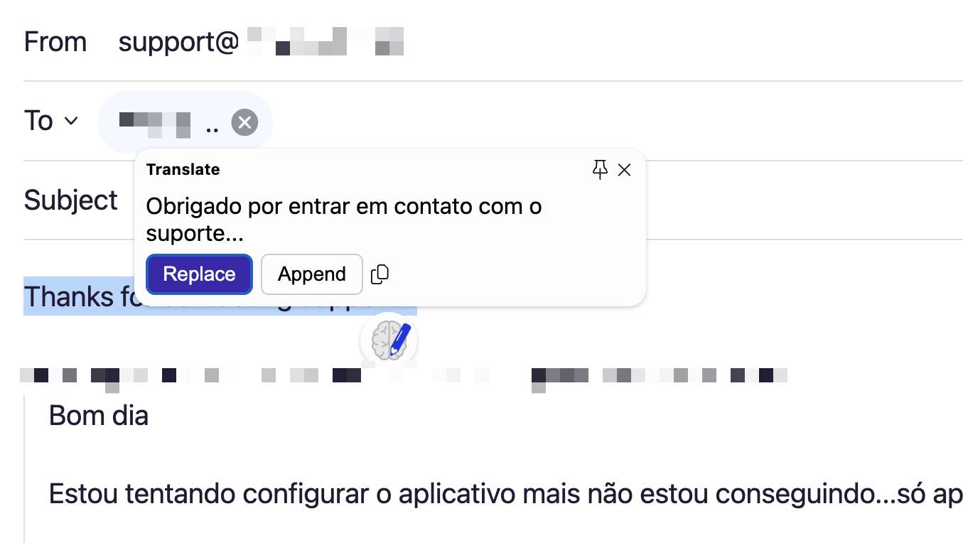 Translation displayed, select Replace to replace the English text with the translated text